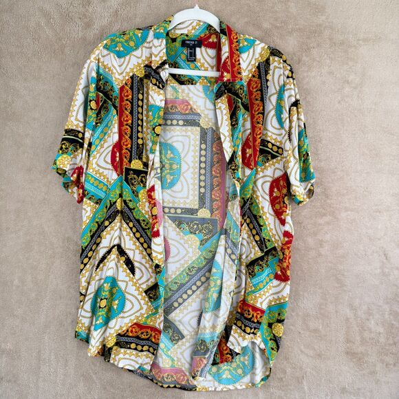 Forever 21 Button Down Shirt Mens L White Black Baroque All Over Print Viscose - Picture 5 of 12